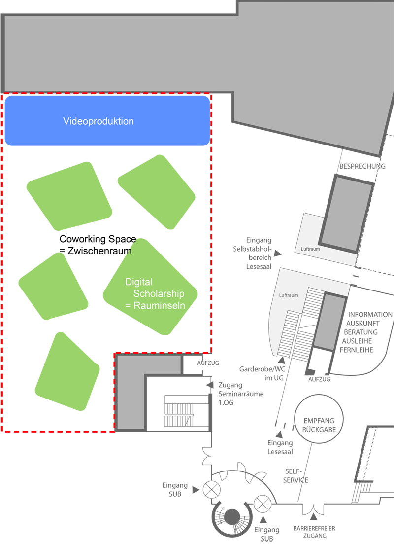 Abb.2: Erste Konzeptphase: Grobe Zonierung der drei Bereiche der Konzeptidee des Digital Creative Space