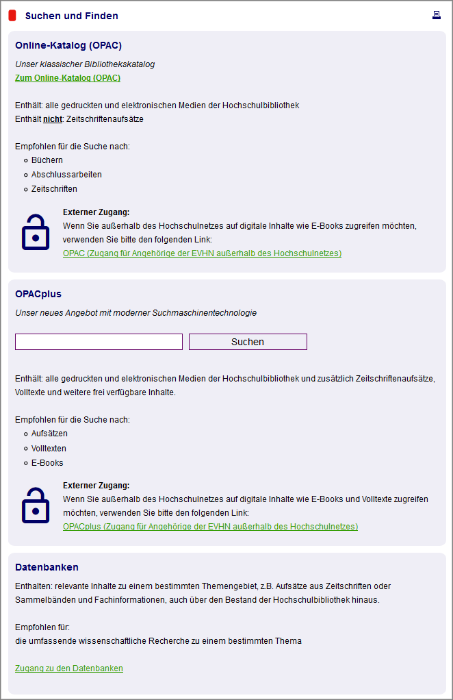 Abb. 1: Suchinstrumente auf der Website der EVHN