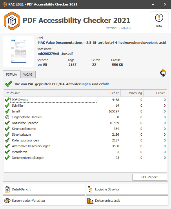 Screenshot: Die automatisiert erzeugte Publikation mb208279e8_1or.pdf besteht die Prüfung.