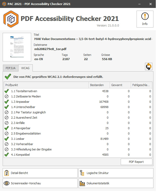 Screenshot: Die automatisiert erzeugte Publikation mb208279e8_1or.pdf besteht die Prüfung.