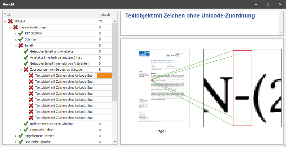 Screenshot: Auflistung der Fundstellen für fehlerhafte Unicode-Zuordnung mit ausgewähltem Einzelfall für den geschützten Trennstrich.