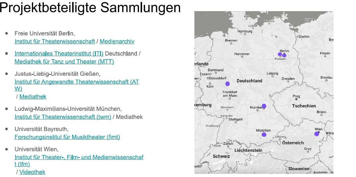 Teilnehmende Sammlungen im deutschsprachigen Raum. Folie aus der Präsentation zum Projekt Mediatheken in den
Darstellenden Künsten vernetzt